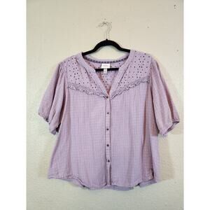 Knox Rose Purple‎ Eyelet Short Puff Sleeves Button Front Blouse Top Size XXL
